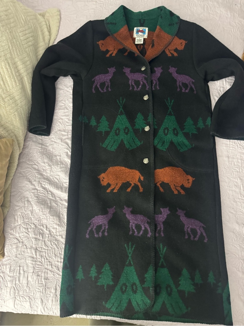 Black Woodland Button-Front Coat with Green, Purple & Brown Motifs